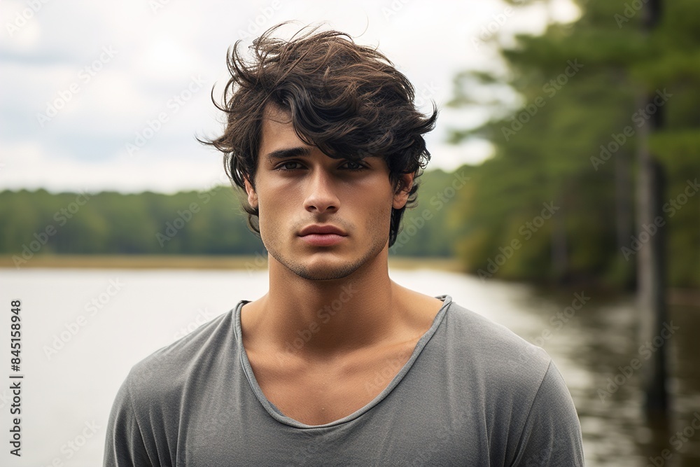 A man with short hair and a grey shirt is standing in front of a lake A man with short hair and a grey shirt is standing in front of a lake
