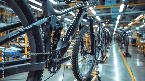 Bike factory production line in a modern manufacturing facility showcasing high-tech bicycle assembly and quality control processes. © kitinut