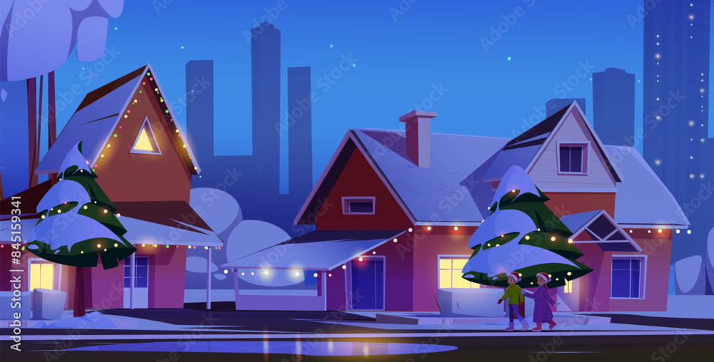 Two kids boy and girl in Santa Claus hats walking suburban street with houses decorated with garland at night on Christmas. Cartoon vector illustration of winter snowy neighborhood landscape. Two kids boy and girl in Santa Claus hats walking suburban street with houses decorated with garland at night on Christmas. Cartoon vector illustration of winter snowy neighborhood landscape.