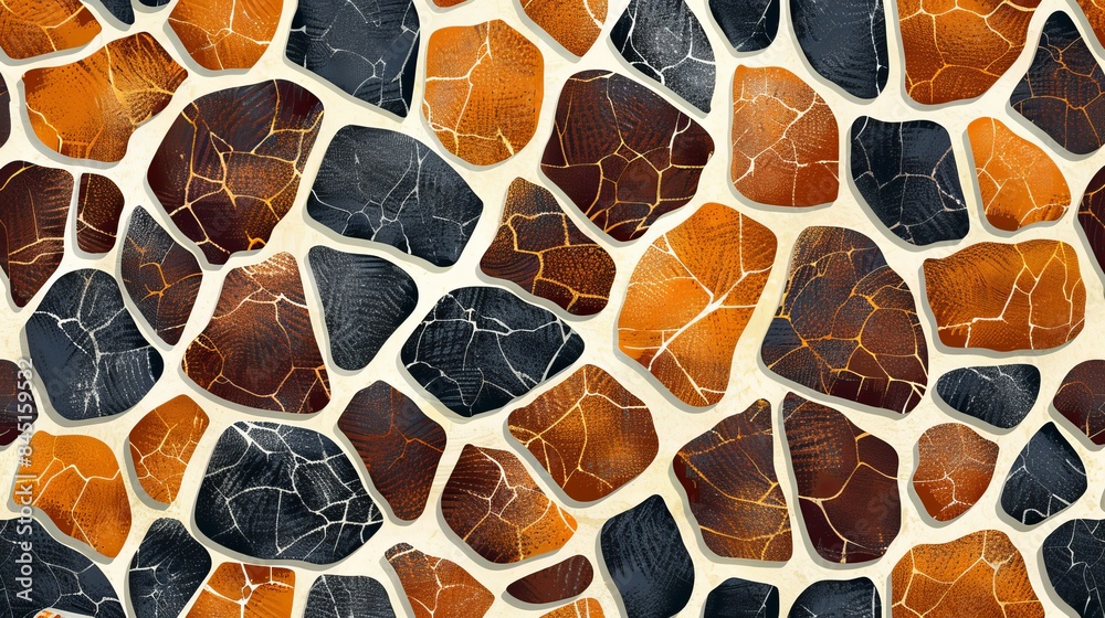 Fototapeta premium Seamless pattern of black, brown, and orange irregular shaped stones on a white background.