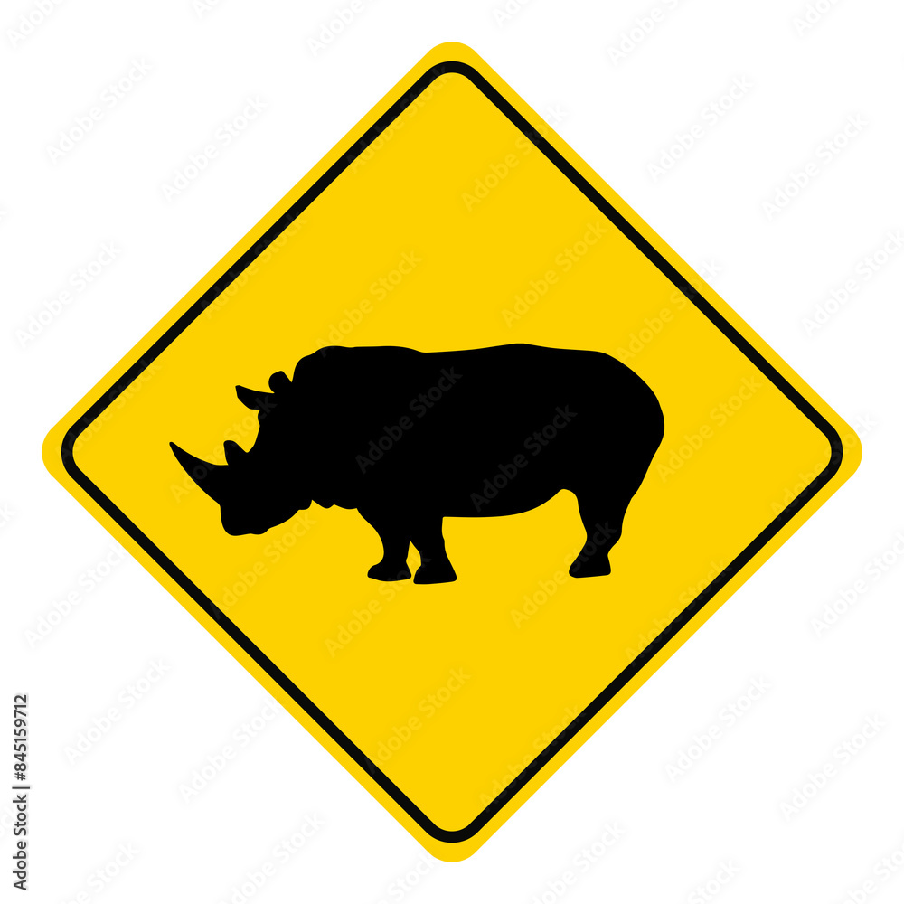 traffic signs on the road Warning: Be careful of rhinoceros. traffic signs on the road Warning: Be careful of rhinoceros.