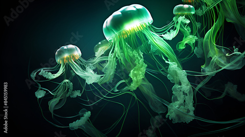 A green jellyfish swimming gracefully underwater, creating a mesmerizing underwater wallpaper. photo