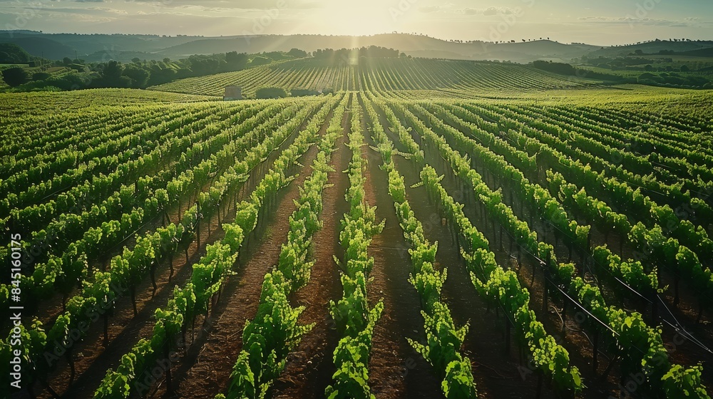 Aerial shot of a sprawling vineyard with grapevines in neat rows. Generative AI. Aerial shot of a sprawling vineyard with grapevines in neat rows. Generative AI.