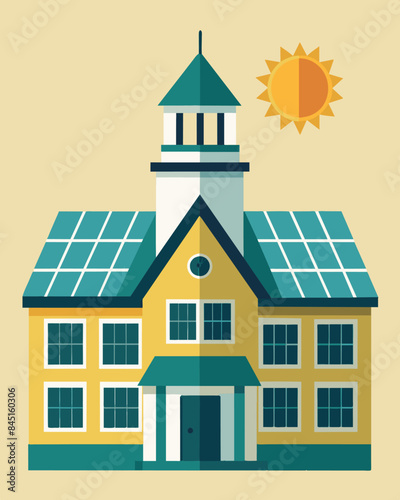 The historic inn was updated with a sustainable edge as solar panels were installed on its classic shingled roof preserving the charm of the building while reducing its carbon. Vector illustration