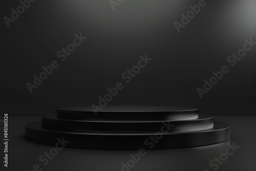 Minimalist podium with a beautiful Stage in Black Colors, Modern and Futuristic Background for Product Presentation, Shiny black round pedestal on studio backdrops, Dark Blank display or clean podium 