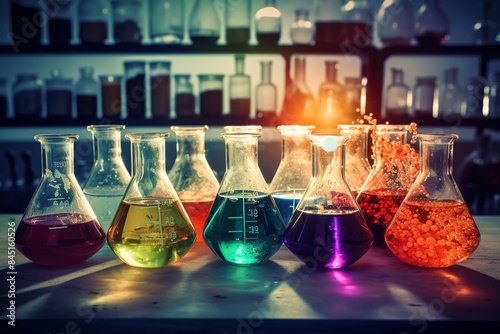 Laboratory glassware with liquids of different colors Chemical research - a number of chemical formulas are being developed in the laboratory for the research of new products photo