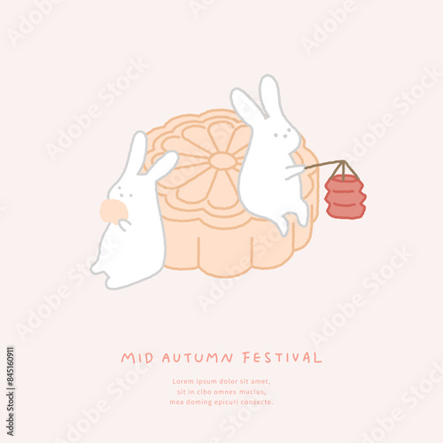 Illustration of mid-autumn festival with rabbit and moon cake.