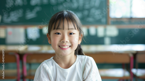 A 9 year old Japanese girl wearing a white shirt, in the classroom, the background of the blackboard and bench is slightly blurry, AI generated Images