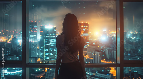 Night, distant view, powered suspended platform outside the office window, a beautiful Chinese woman standing in the office looking it. Generative AI. © visoot