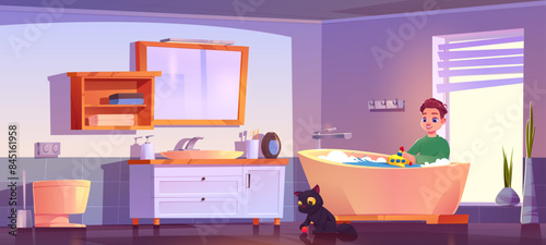 Kid boy in bathroom play with toy submarine near tub full of water and his cat playing ball in room. Cartoon vector home inside with toilet and sink, mirror and furniture. Child and pet have fun.