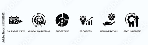 Allocation And Distribution Banner Web Icon Vector Illustration Concept With Calendar View, Global Marketing, Budget Pie, Progress, Remuneration, Status Update