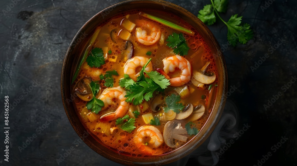 Thai famous food, A vibrant bowl of Tom Yum Soup with visible shrimp, mushrooms, lemongrass, and fresh cilantro, with steam gently rising from the bowl Thai famous food, A vibrant bowl of Tom Yum Soup with visible shrimp, mushrooms, lemongrass, and fresh cilantro, with steam gently rising from the bowl
