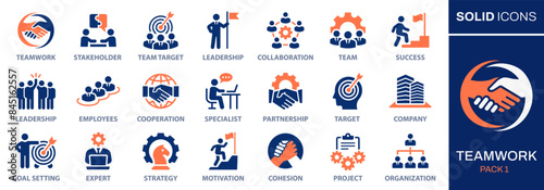 Teamwork icon set. Collection of cooperation, team target, leadership, collaboration and more. Vector illustration. Easily changes to any color. photo