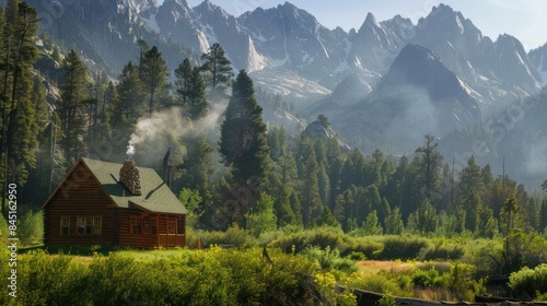 Peaceful Mountain Retreat: Capture a secluded mountain cabin surrounded by towering peaks and pine trees, with smoke rising from the chimney promoting solitude and tranquility.