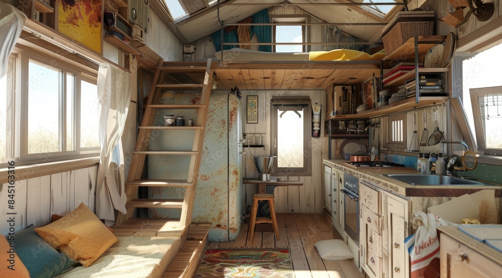 The interior of a tiny home shows a warm and inviting living space with wooden accents and efficient design The interior of a tiny home shows a warm and inviting living space with wooden accents and efficient design