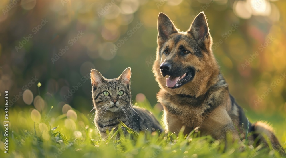 Dog and cat sitting next to each other on the grass, blurred background. Dog and cat sitting next to each other on the grass, blurred background.