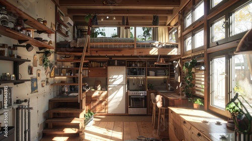The interior of a tiny home shows a warm and inviting living space with wooden accents and efficient design