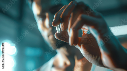 The man holds a white pill in a capsule in his hand. The doping industry in big-time sports. Doping destroys the spirit of fair play and athletic competition photo