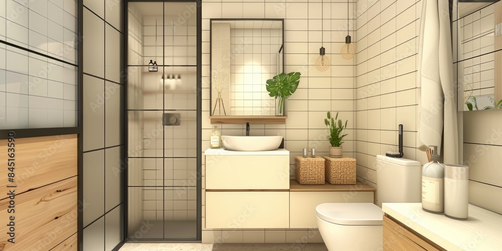 A tastefully decorated modern bathroom with a large mirror, toilet A tastefully decorated modern bathroom with a large mirror, toilet