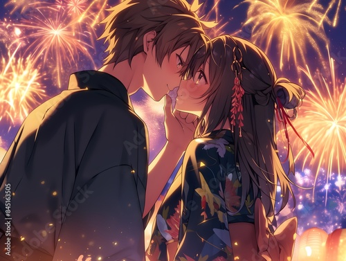 Japanese Summer Festival Two Lovers Watch Fireworks Anime Style Poster Wallpaper © Terry A.I. Gallery