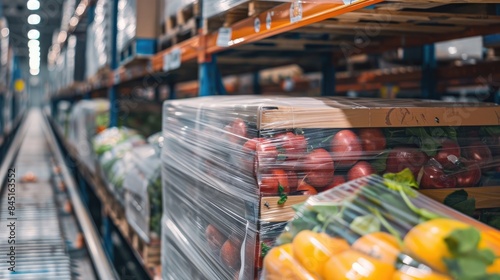 Pallet of wrapped food products in warehouse