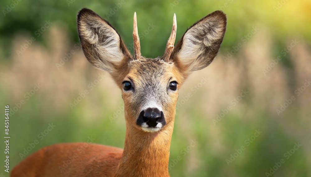 Detail of head of roe deer, capreolus capreolus, buck in summer. Close-up of wild roebuck in nature Detail of head of roe deer, capreolus capreolus, buck in summer. Close-up of wild roebuck in nature