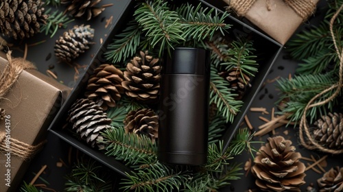 Gift box containing black vaporizer with pine cones and branches photo