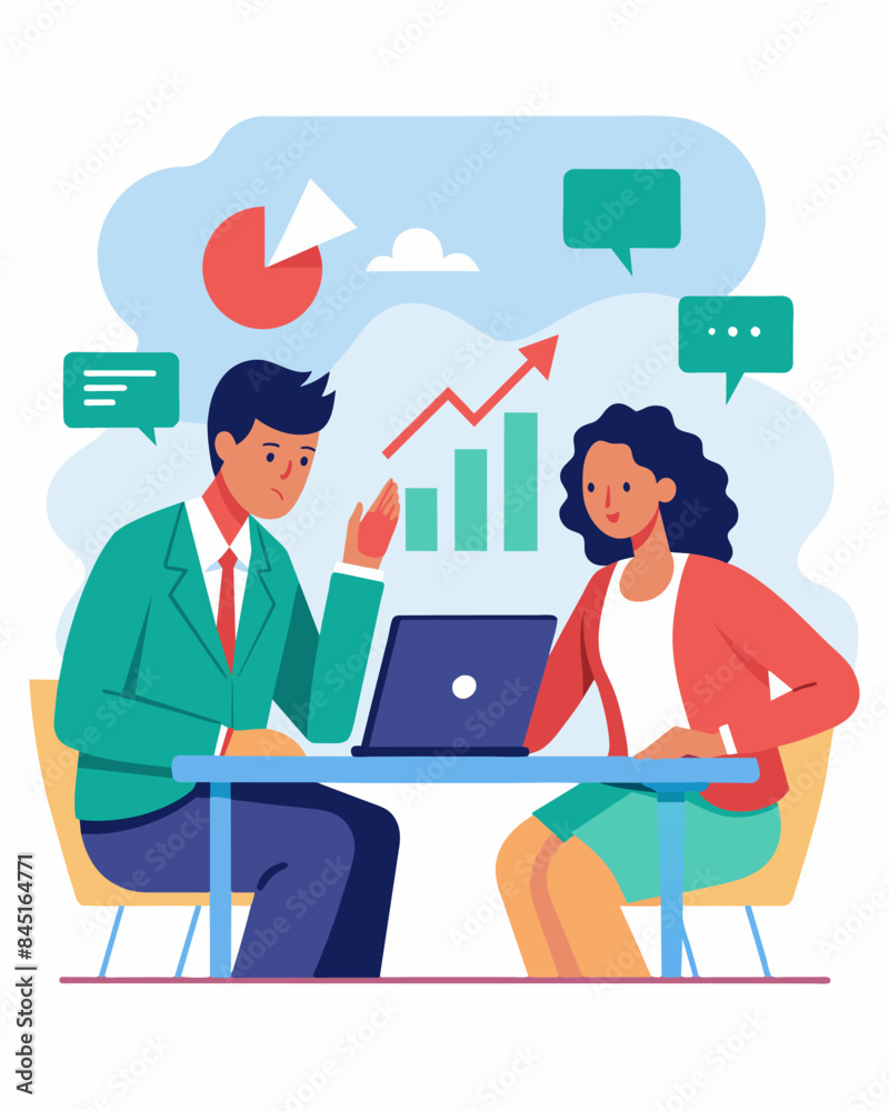 Two colleagues in a business meeting brainstorming ways to costs and prepare for a potential recession in their industry.. Vector illustration Two colleagues in a business meeting brainstorming ways to costs and prepare for a potential recession in their industry.. Vector illustration