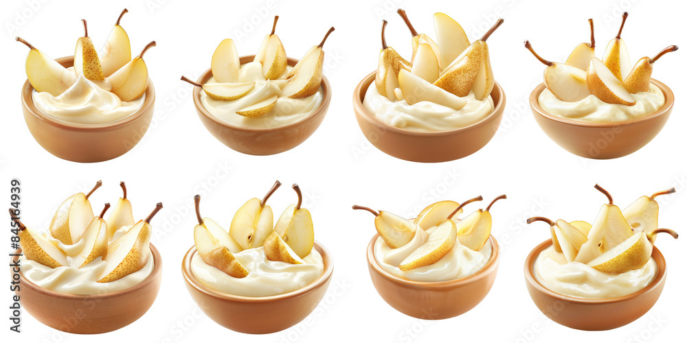 Set of Pear Yogurt With Pear Slices isolated on transparent png background. Generative ai Set of Pear Yogurt With Pear Slices isolated on transparent png background. Generative ai