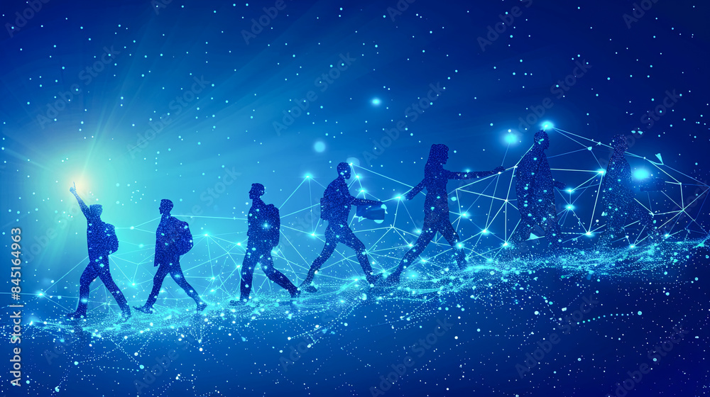 Silhouetted People Connected by Lines of Light on Blue Background - Teamwork, Technology, and Connection Concept Silhouetted People Connected by Lines of Light on Blue Background - Teamwork, Technology, and Connection Concept