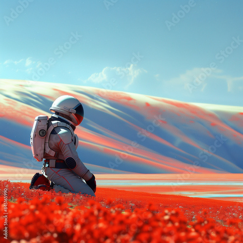 Astronaut kneels in a field...