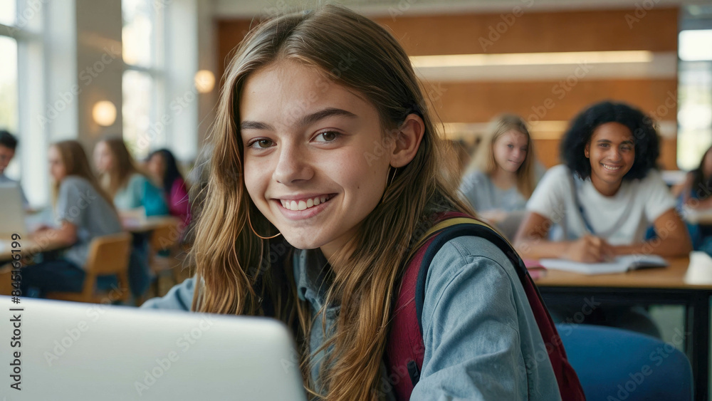 Teenager Close up face of school girl looking at camera while studying on computer. Portrait of smiling young woman student using laptop in university library with classmates Teenager Close up face of school girl looking at camera while studying on computer. Portrait of smiling young woman student using laptop in university library with classmates