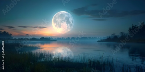 Capture detailed supermoon close to Earth over tranquil landscape in ultrarealistic style. Concept Supermoon Photography, Tranquil Landscapes, Ultrarealistic Style, Detailed Close-ups, Moon Phases