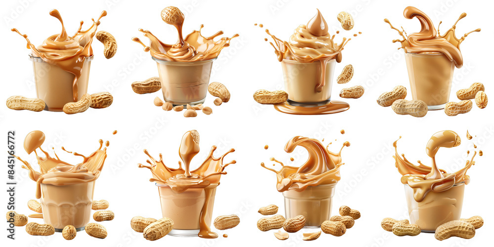 Set of Peanut Butter Yogurt With Drizzled Peanut Butter isolated on transparent png background. Generative ai