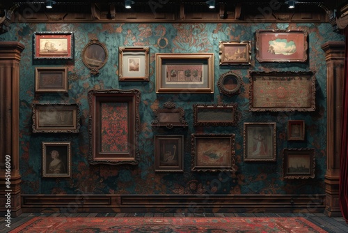 A gallery wall with a fanfare of ornamental empty frames on a wall with a brocade fabric effect photo