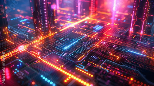 Futuristic Circuit Board Technology Background With Glowing Lights, Data Transfer, And Digital Network Connection Concept Illustration With Copy Space - High-Resolution 3D Render