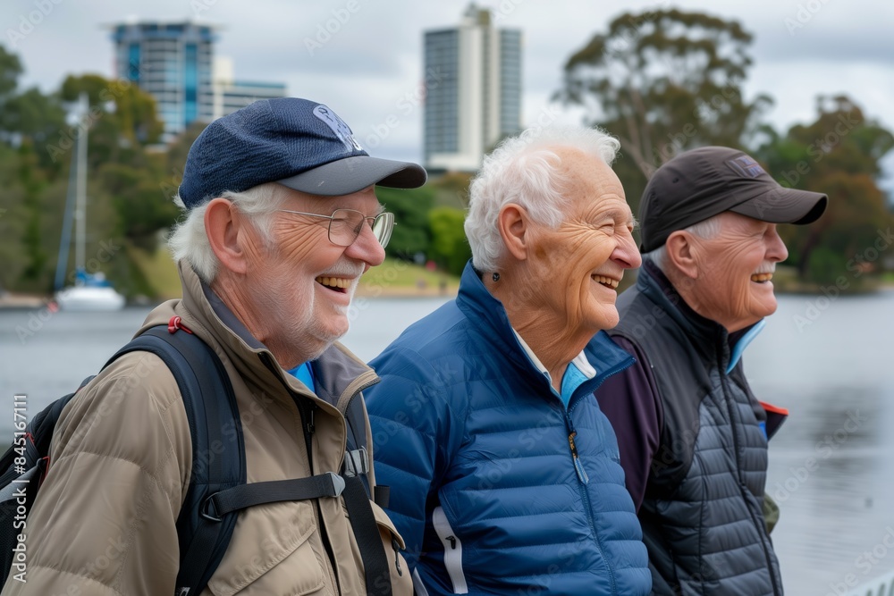 Three men are smiling and laughing while sitting on a dock near a body of water. They are wearing hats and jackets, and one of them has a backpack on Three men are smiling and laughing while sitting on a dock near a body of water. They are wearing hats and jackets, and one of them has a backpack on