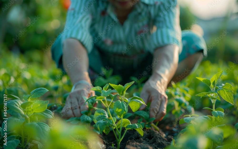 Fototapeta premium A woman is tending to a garden, pulling weeds and planting new plants. The scene is peaceful and serene, with the woman's hands in the dirt and the plants surrounding her. Concept of hard work