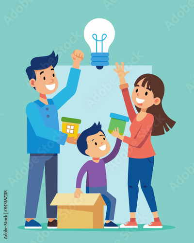 The family excitedly unpacks their new energyefficient light bulbs ready to replace the old energywasting ones in their home.. Vector illustration