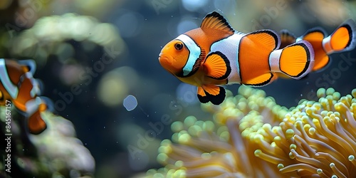 Colorful clownfish swim together in aquarium with orange and white markings. Concept Underwater Photography, Marine Life, Clownfish Behavior, Colorful Wildlife, Aquarium Observations