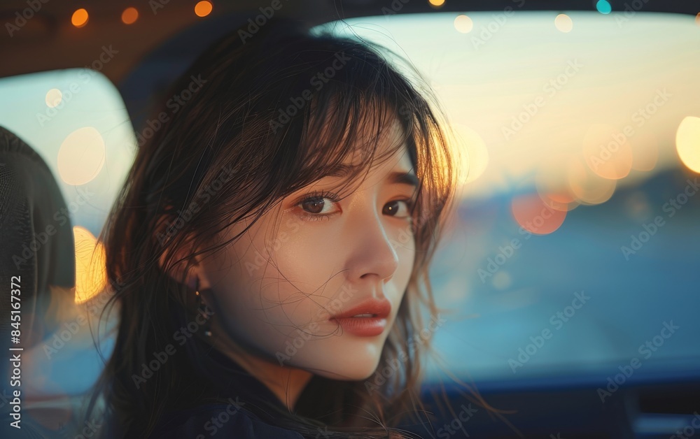 A woman with long hair is sitting in a car. She has her head tilted and is looking out the window