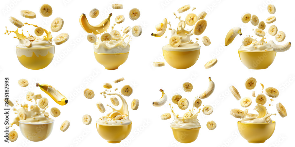 Set of Banana Yogurt With Floating Banana Slices isolated on transparent png background. Generative ai Set of Banana Yogurt With Floating Banana Slices isolated on transparent png background. Generative ai