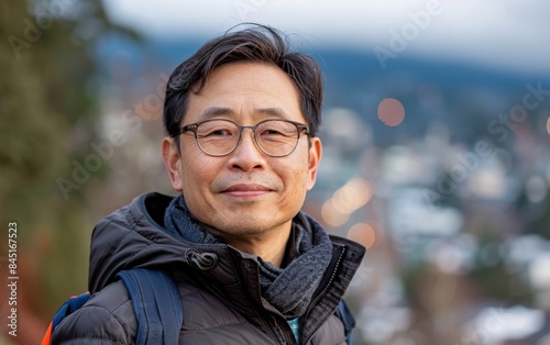 A man wearing glasses and a black jacket is smiling. He is standing in front of a city skyline