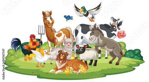 Various farm animals together on green pasture