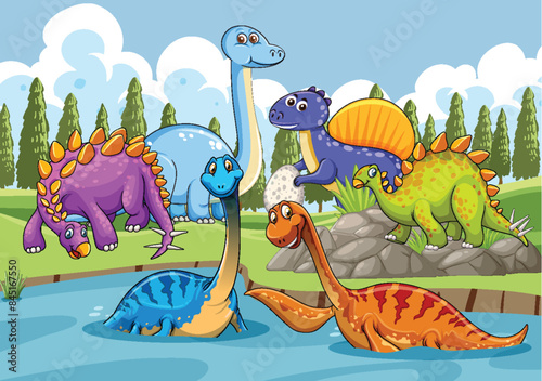 Dinosaurs interacting in a vibrant, natural setting