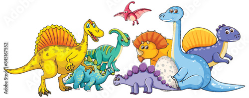 Group of playful dinosaurs in vibrant colors