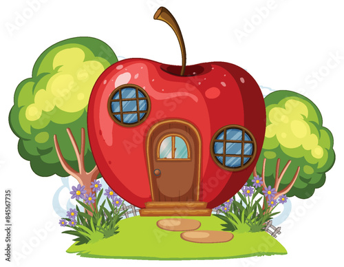 A charming apple-shaped house in a garden