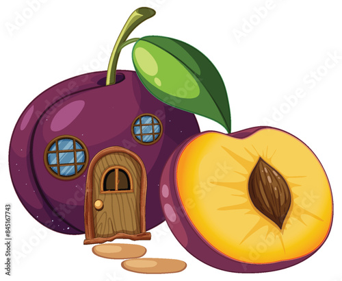 A plum house with a cut half