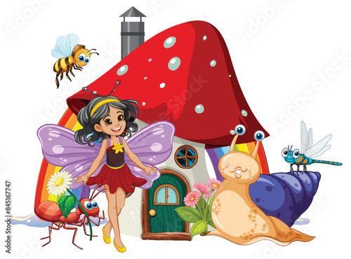 Fairy with insects near a mushroom house