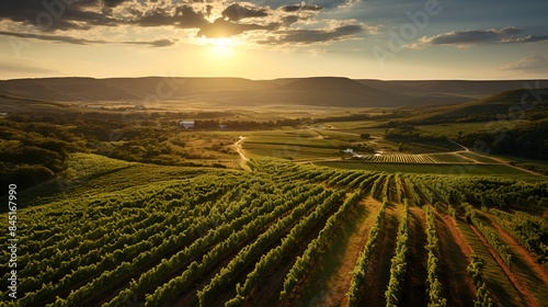Sunset Over Lush Vineyards and Rolling Hills